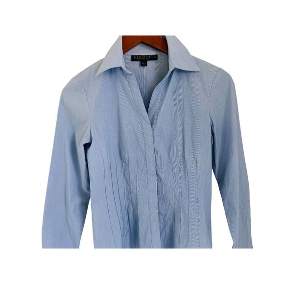 Lafayette 148 New York Petite Blue Pinstripe Collared Button-Front Blouse Size 2 - Picture 2 of 8